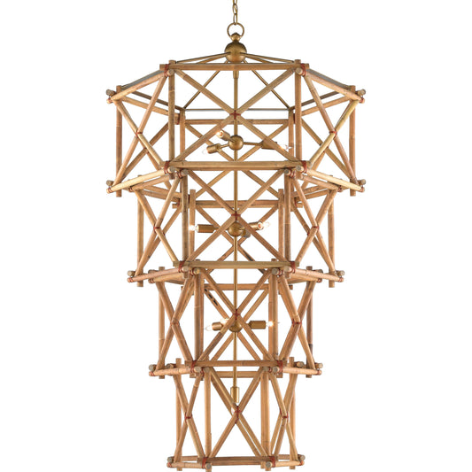 Kingali Grande Chandelier by Currey and Company in natural, new brass. Made from rattan, wrought iron in a eclectic & global style.