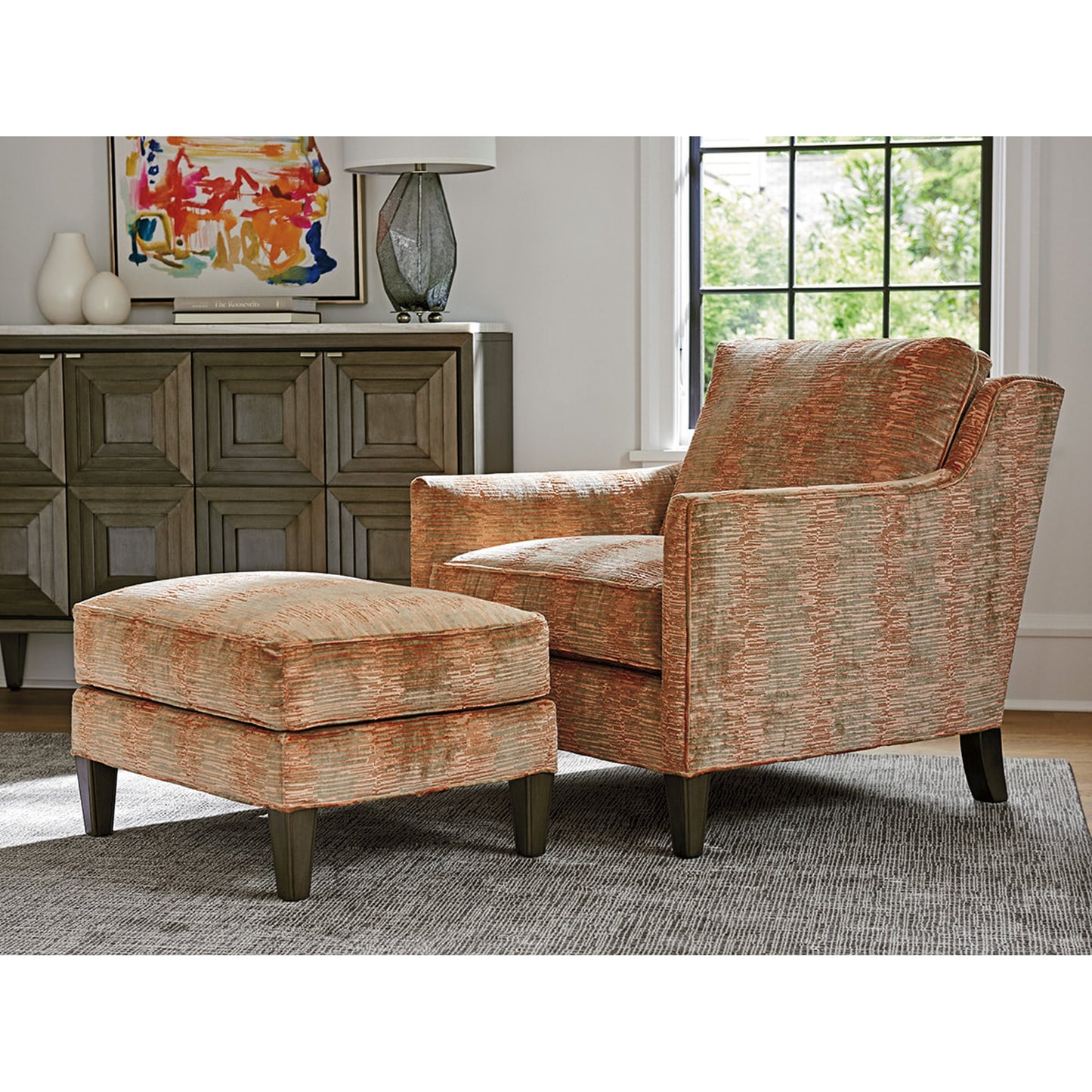 003 SR-835753 | Lifestyle | Turin Ottoman by Lexington in marigold. Made from unique in a transitional style.