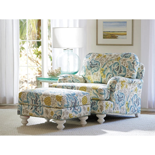 Gilmore Ottoman by Tommy Bahama Home in muiltcolor and white. Made from mahogany, fabric in a unique style.