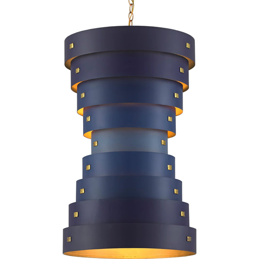 Graduation Chandelier by Currey and Company in blue, gold leaf. Made from wrought iron in a modern style.