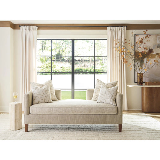 Sebastian Settee by Lexington in beige, tan and brown. Made from hickory, fabric in a unique style.