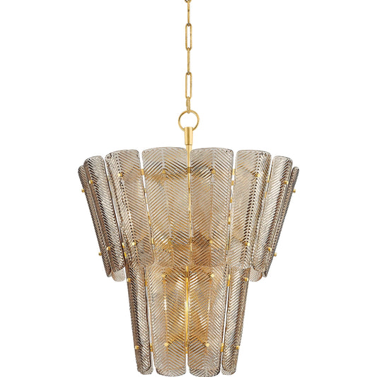 Cassian Chandelier by Hudson Valley in vintage gold leaf. Made from steel in a traditional style.