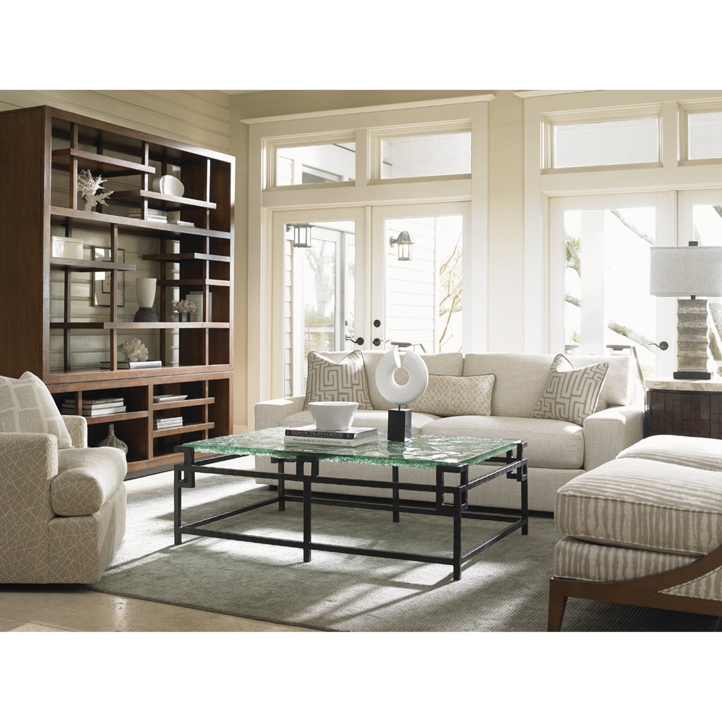 005 SR-836143 | Lifestyle | Hermes Reef Glass Top Cocktail Table by Tommy Bahama Home. Made from unique in a modern style.