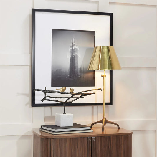 Nesting Birds Sculpture by Global Views in gold leaf. Made from cast iron 50% white marble 50% in a modern style.