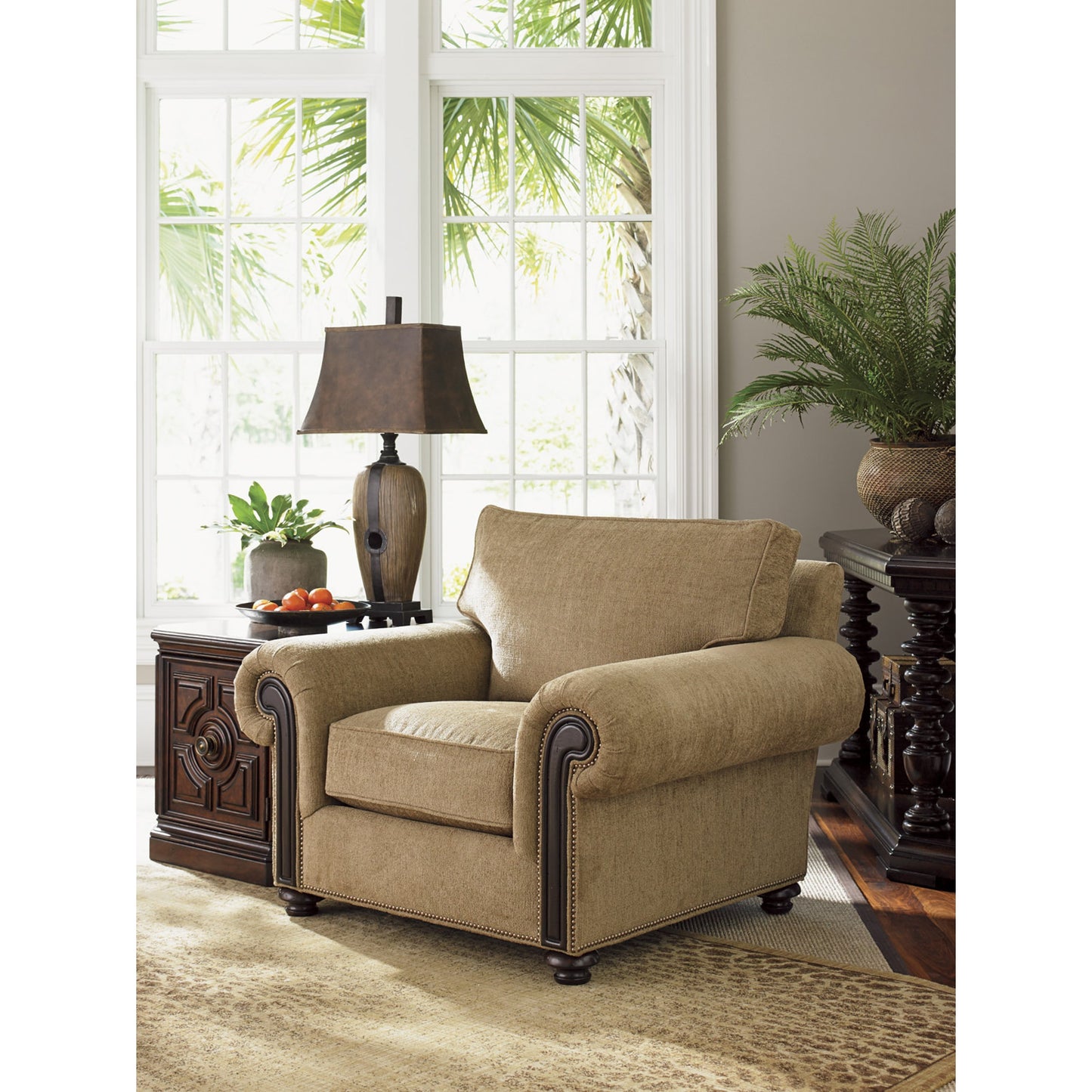 002 SR-836375 | Lifestyle | Riversdale Chair by Tommy Bahama Home in taupe. Made from unique in a traditional style.