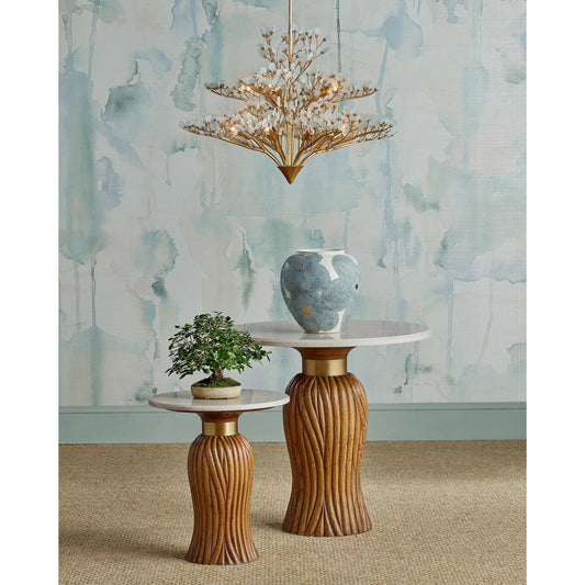 Tassel Accent Table by Currey and Company in morel brown, natural, brushed brass. Made from mindi wood, crema marfil marble, brass in a traditional style.