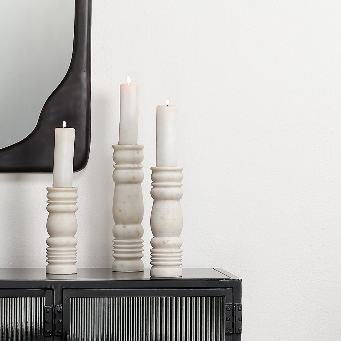 004 SI-1961267 | Lifestyle | Monument Candlesticks by Jamie Young in white. Made from marble in a modern style.