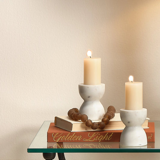 Petit Marble Candlesticks by Jamie Young in white. Made from marble in a modern style.