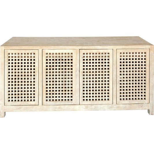 Driftwood Lattice Credenza by Global Views in white washed. Made from mango, mdf in a coastal style.