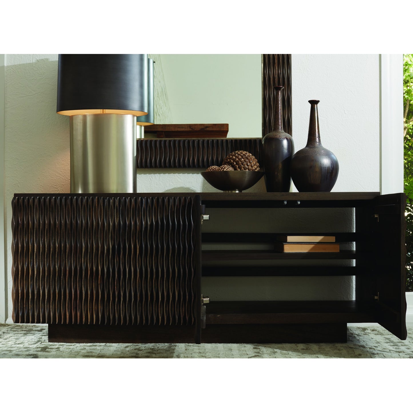 003 SR-701673 | Lifestyle | Minuet Buffet by Global Views in walnut, gray, antique nickel. Made from mango in a modern style.