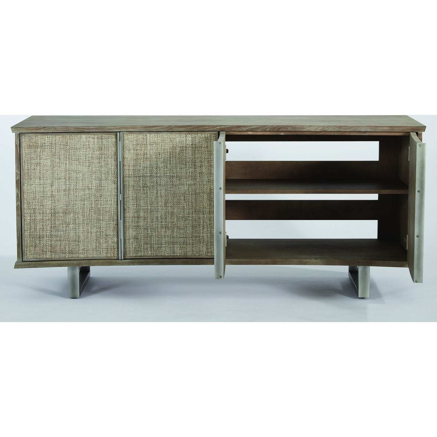 005 SR-701079 | Unknown | Delphi Media Cabinet by Global Views in gray cerused ash, pewter, acacia, ash. Made from ash, mdf, stainless steel, grasscloth in a modern style.