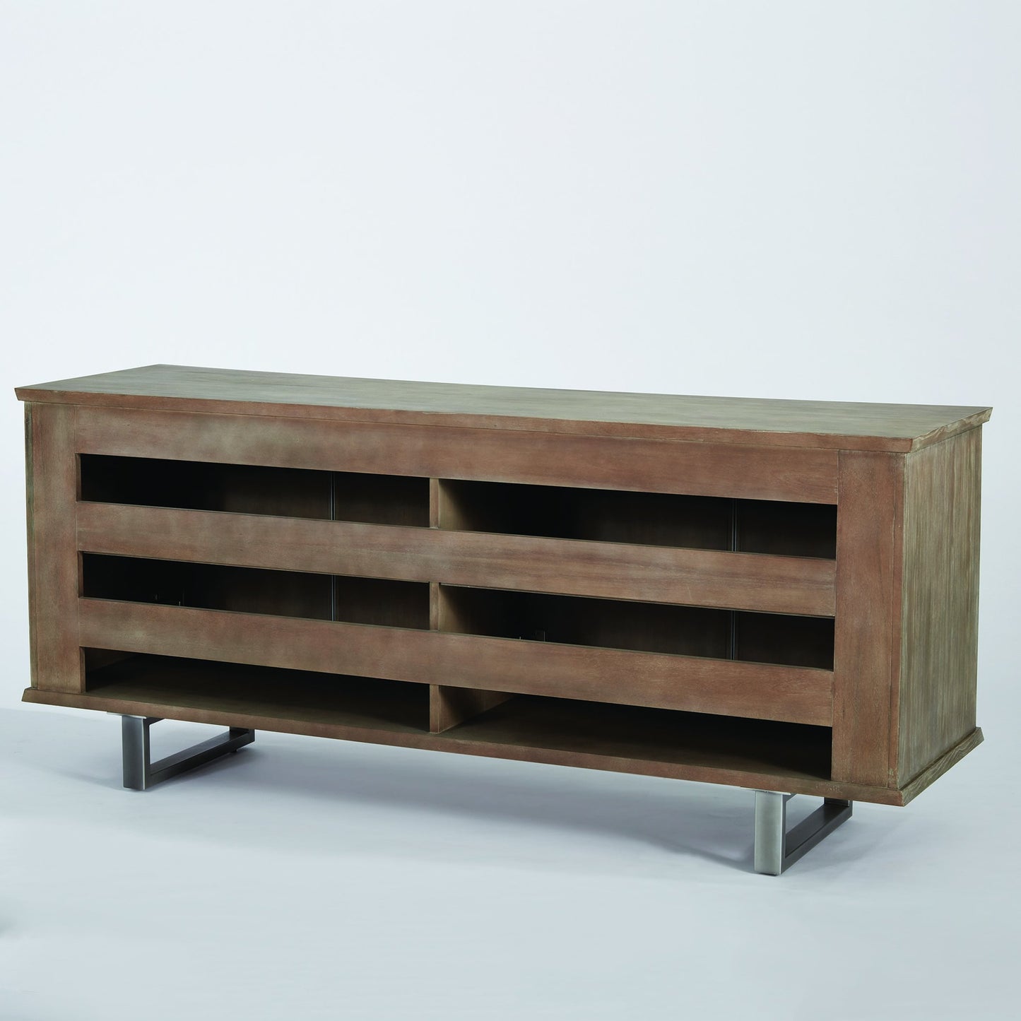 006 SR-701079 | Unknown | Delphi Media Cabinet by Global Views in gray cerused ash, pewter, acacia, ash. Made from ash, mdf, stainless steel, grasscloth in a modern style.