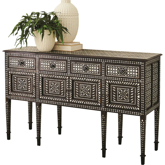 Bhawana Sideboard by Global Views in dark brown. Made from mdf, teak, mother of pearl inlay in a eclectic & global style.