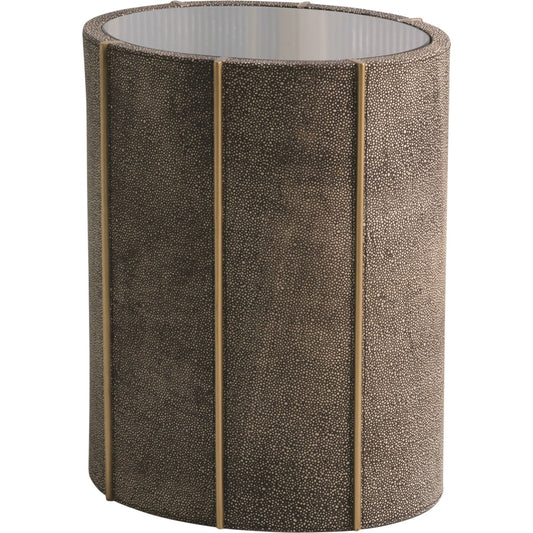 Churchill Oval Drum Table by Global Views. Made from faux shagreen embossed leather, antique tempered glass in a transitional style.