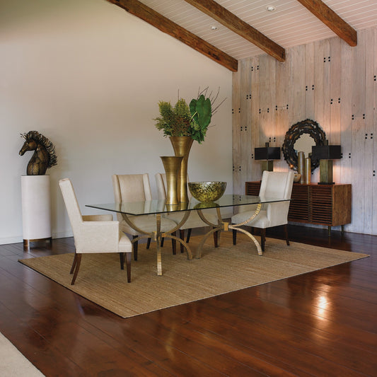 Teton Rectangular Table by Global Views in gold. Made from hand-forged iron, tempered glass in a transitional style.