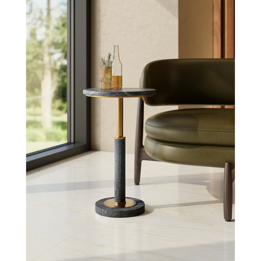 Miles Marble Accent Table by Currey and Company in natural, polished brass. Made from midnight black stone, brass in a modern style.