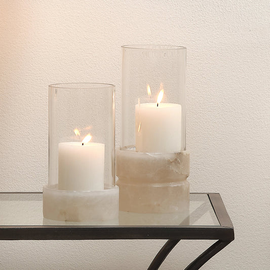Charlotte Stacked Hurricane by Jamie Young in clear & brown. Made from glass & alabaster in a modern style.