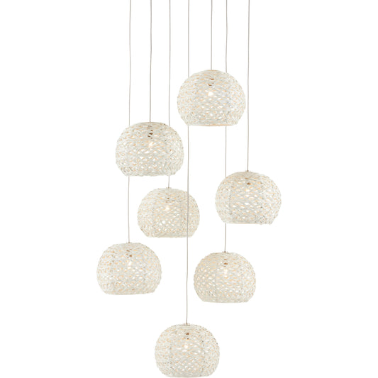 Piero 7-LIGHT Multi-Drop Pendant by Currey and Company in white, painted silver. Made from metal in a coastal style.