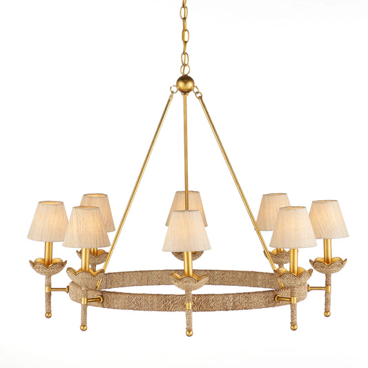 Vichy Chandelier by Currey and Company in natural, contemporary gold leaf, contemporary gold. Made from abaca rope, wrought iron in a modern style.