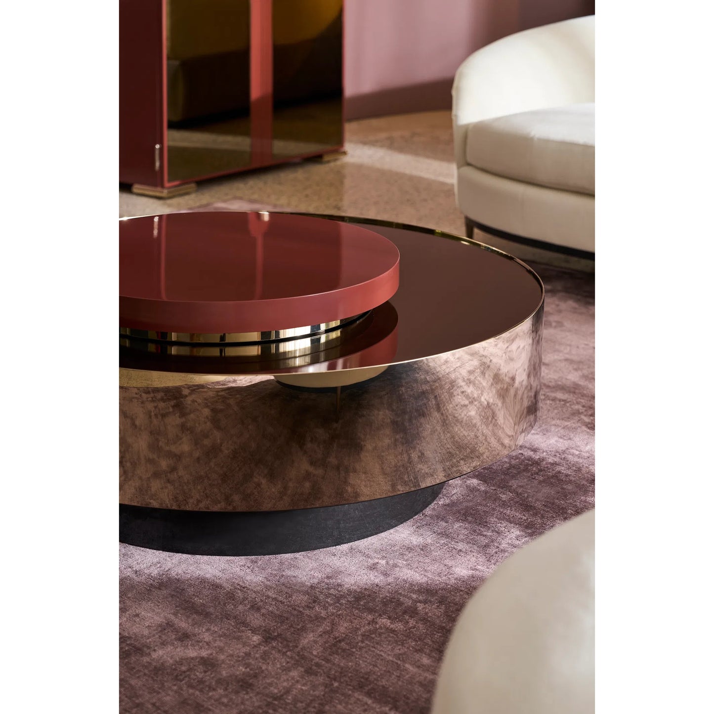 005 SI-2370831 | Lifestyle | Radius Cocktail Table by Caracole in chocolate truffle, whisper of gold. Made from unique in a modern style.