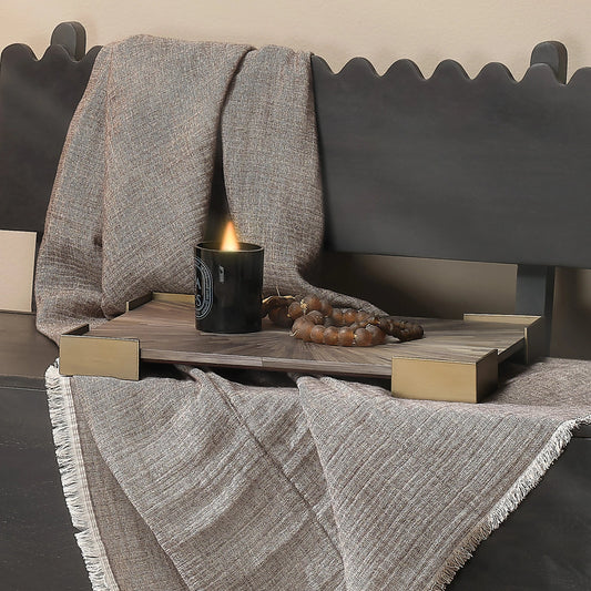 Palm Marquetry Tray by Jamie Young in grey. Made from straw, mdf, suede, metal: iron in a modern style.