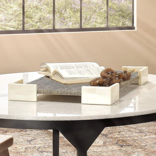 Paradise Bone Tray by Jamie Young in grey steel raffia. Made from raffia, ox bone, chambery in a modern style.