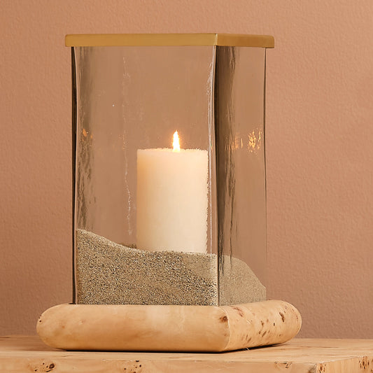 Rhine Hurricane by Jamie Young in brass, natural, clear. Made from glass, iron, burl wood in a modern style.