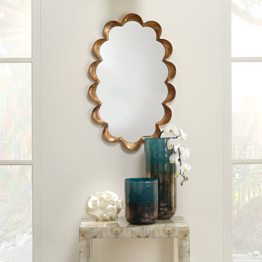 Scalloped Mirror by Jamie Young in antique brass. Made from metal in a transitional style.