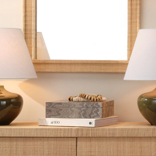 Valley Decorative Box by Jamie Young in grey and sand grey. Made from wood in a unique style.