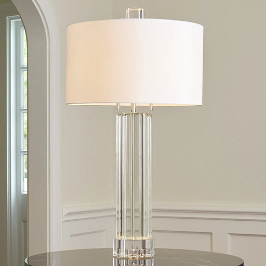 Fluted Crystal Column Table Lamp by Global Views in nickel. Made from crystal in a transitional style.