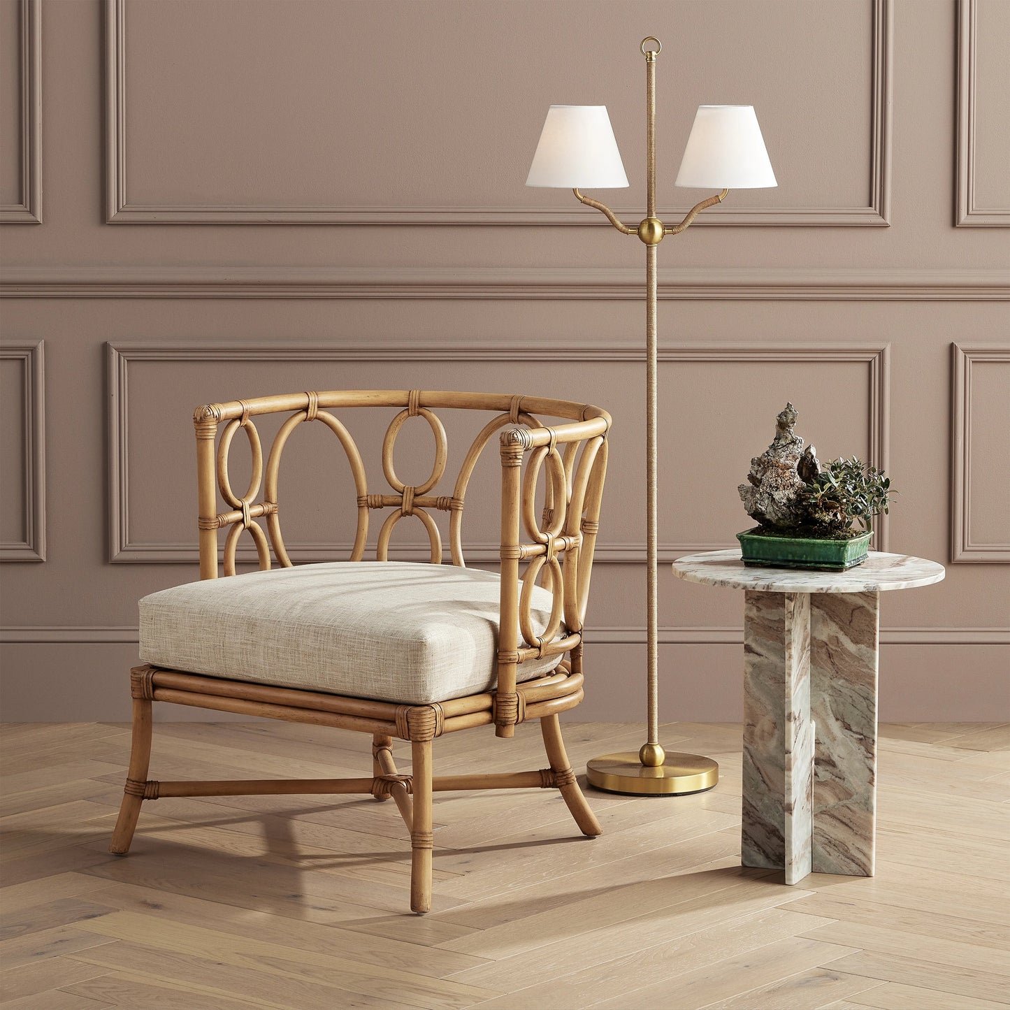 004 SI-1924186 | Lifestyle | Sirocco Floor Lamp by Currey and Company in antique brass. Made from natural jute rope, metal in a modern style.