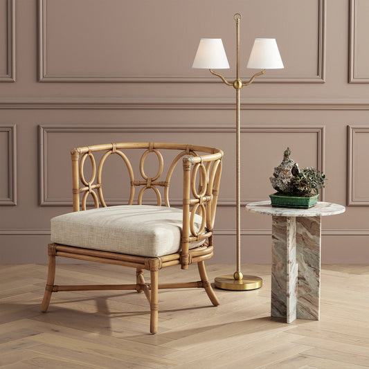 Sirocco Floor Lamp by Currey and Company in antique brass. Made from natural jute rope, metal in a modern style.