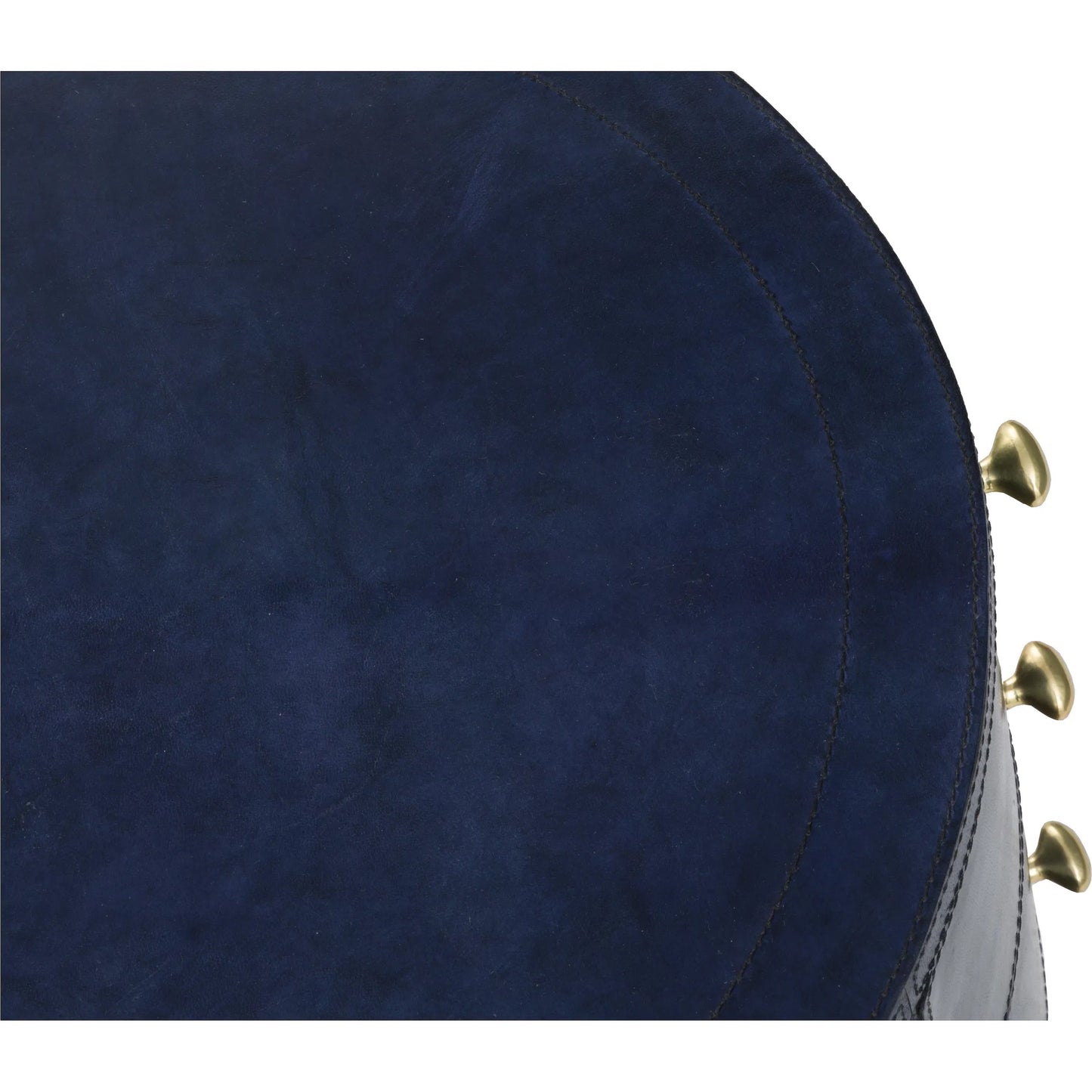 006 SI-2635779 | Closeup | Harper Round 3 Drawer End Table by Fairfield Chair in dark blue and navy blue. Made from leather, metal accents in a unique style.