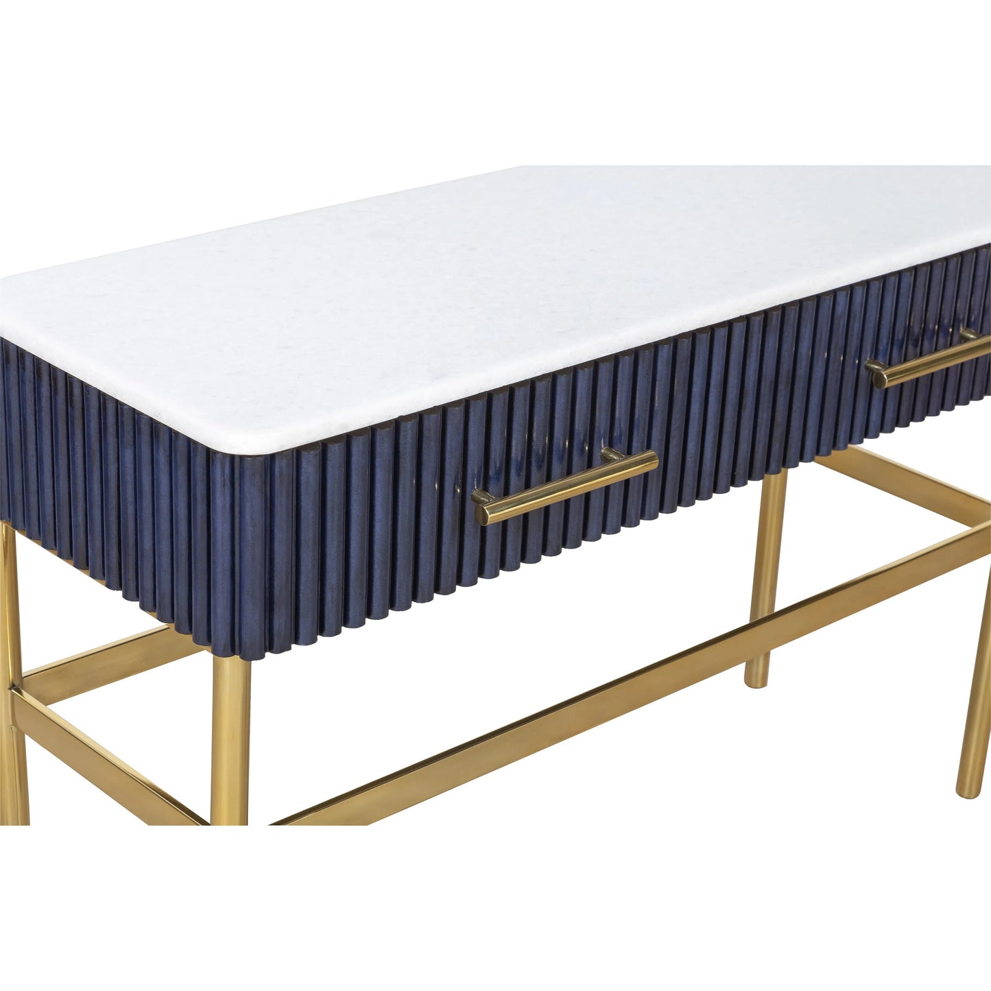 007 SI-2635780 | Closeup | Harper Console Table by Fairfield Chair in dark blue and navy blue. Made from leather, metal accents, marble in a unique style.