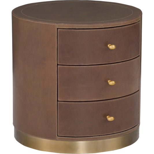 000 SI-2635832 | Primary Silo | Dimitri 3-Drawer Leather Wrapped Round End Table by Fairfield Chair in brown and kafe. Made from leather wrap in a unique style.