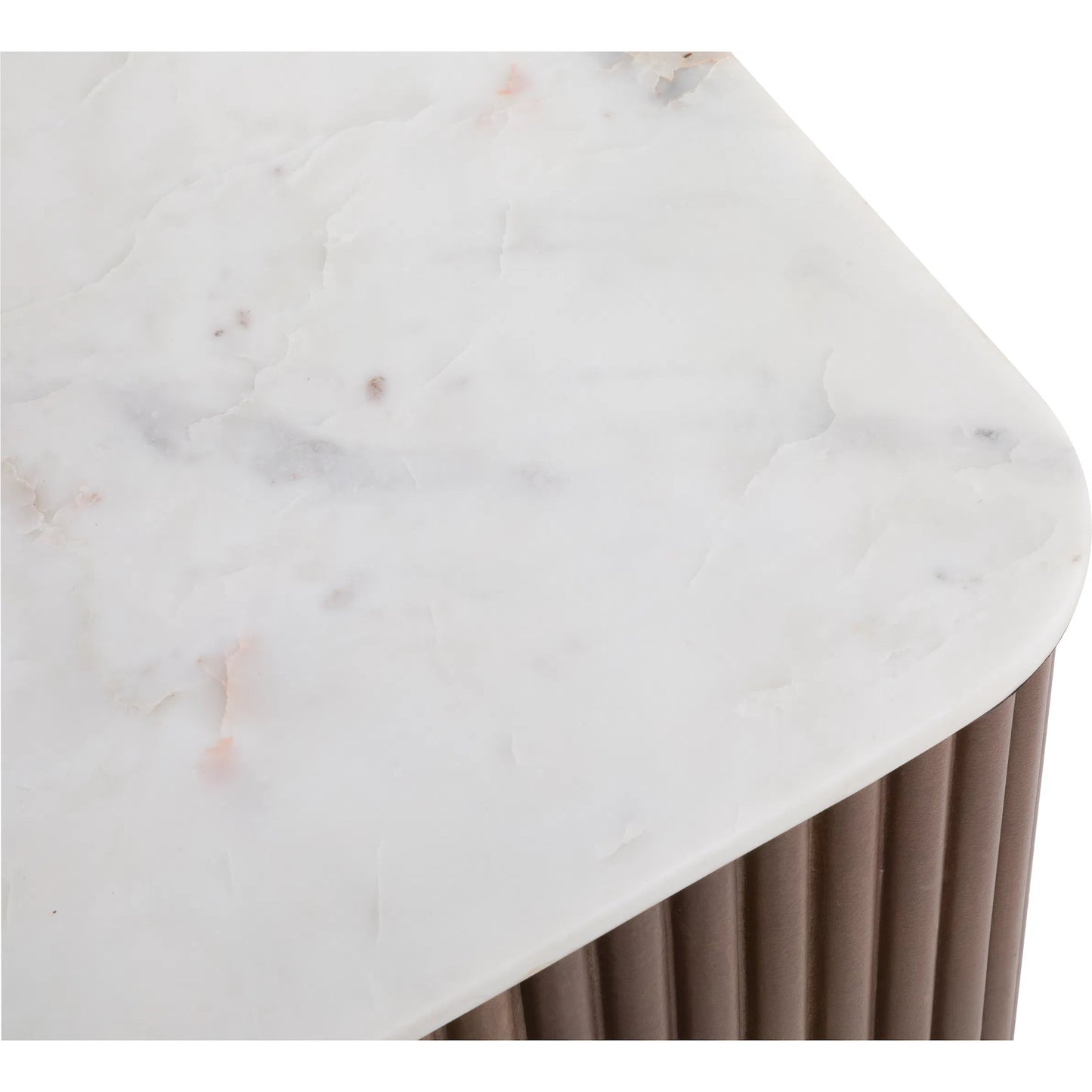 007 SI-2635839 | Closeup | Dimitri Leather Wrapped 2-Drawer Rectangular Console by Fairfield Chair in brown and kafe. Made from marble, leather wrap in a unique style.