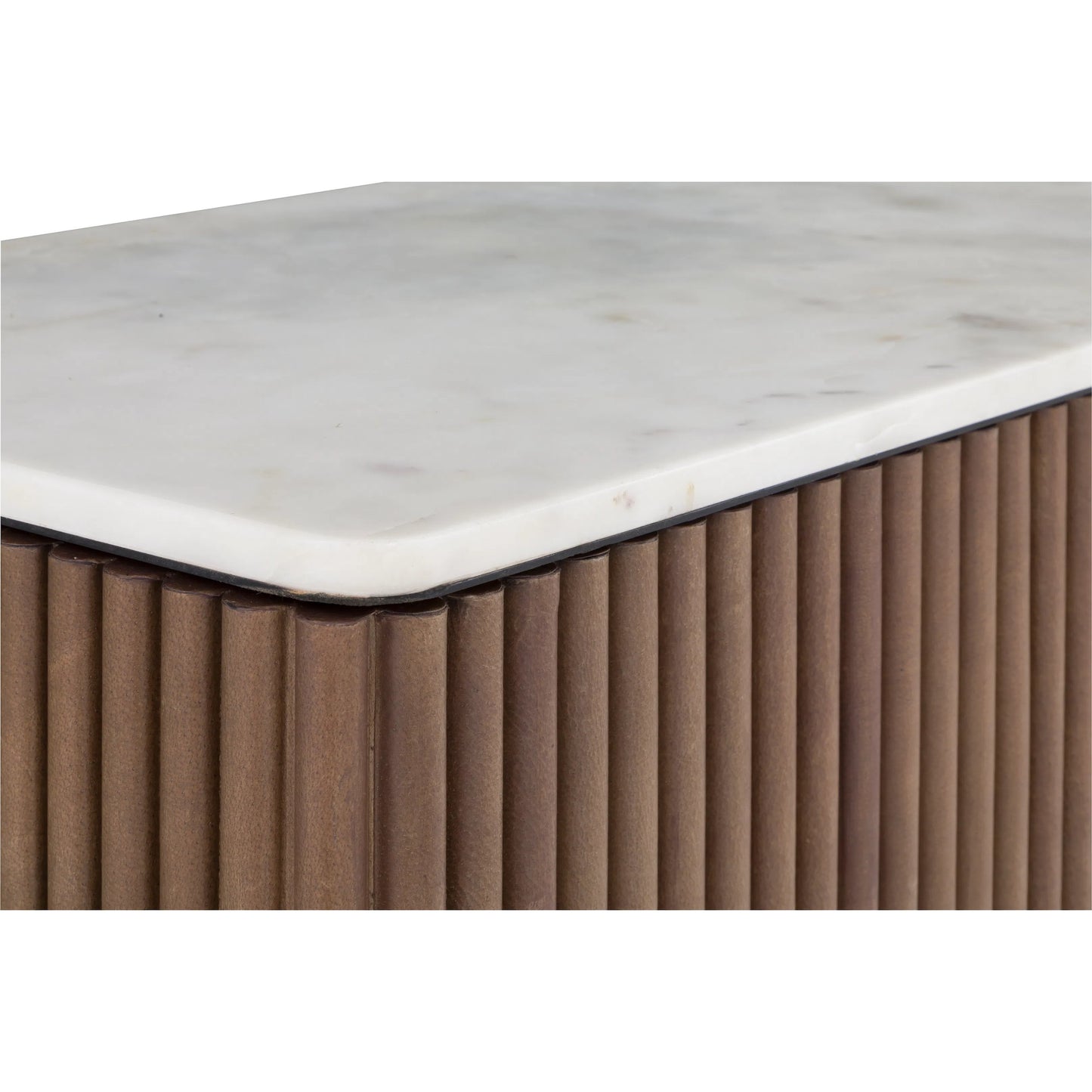 004 SI-2635842 | Closeup | Dimitri Leather Wrapped Rectangular Console by Fairfield Chair in brown and kafe. Made from marble, leather wrap in a unique style.