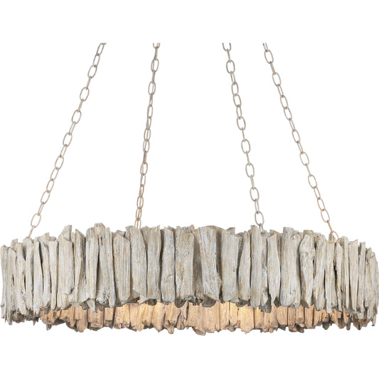Driftwood Ring Chandelier by Currey and Company in whitewash. Made from driftwood, wrought iron in a cottage & farmhouse style.