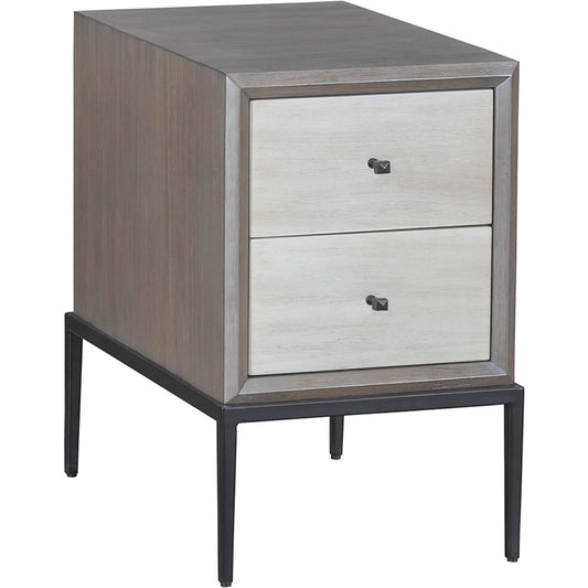 000 SI-2635973 | Primary Silo | Expedition 2-Drawer End Table by Fairfield Chair in brown and grecian clay. Made from figured eucalyptus, oak solids, cast iron base in a unique style.