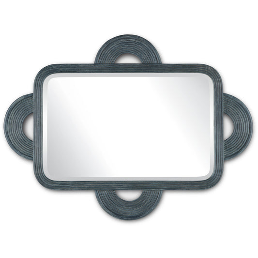 001 SI-1924158 | Primary Silo | Santos Rectangular Mirror by Currey and Company in navy. Made from rattan, mahogany, glass in a modern style.