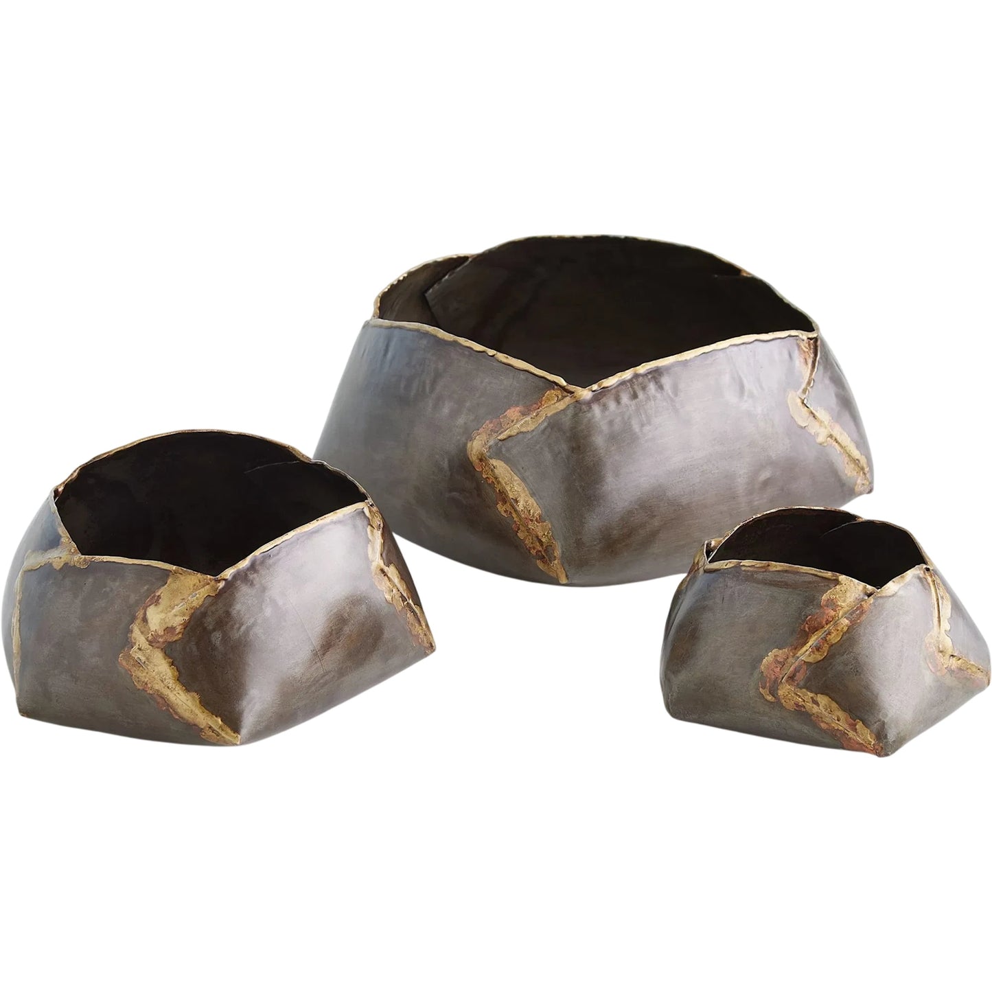 004 SI-2445924,SI-2445925,SI-2445926 | Additional Silo | Pleated Armor Bowl by Global Views in antique gunmetal. Made from iron in a rustic style.