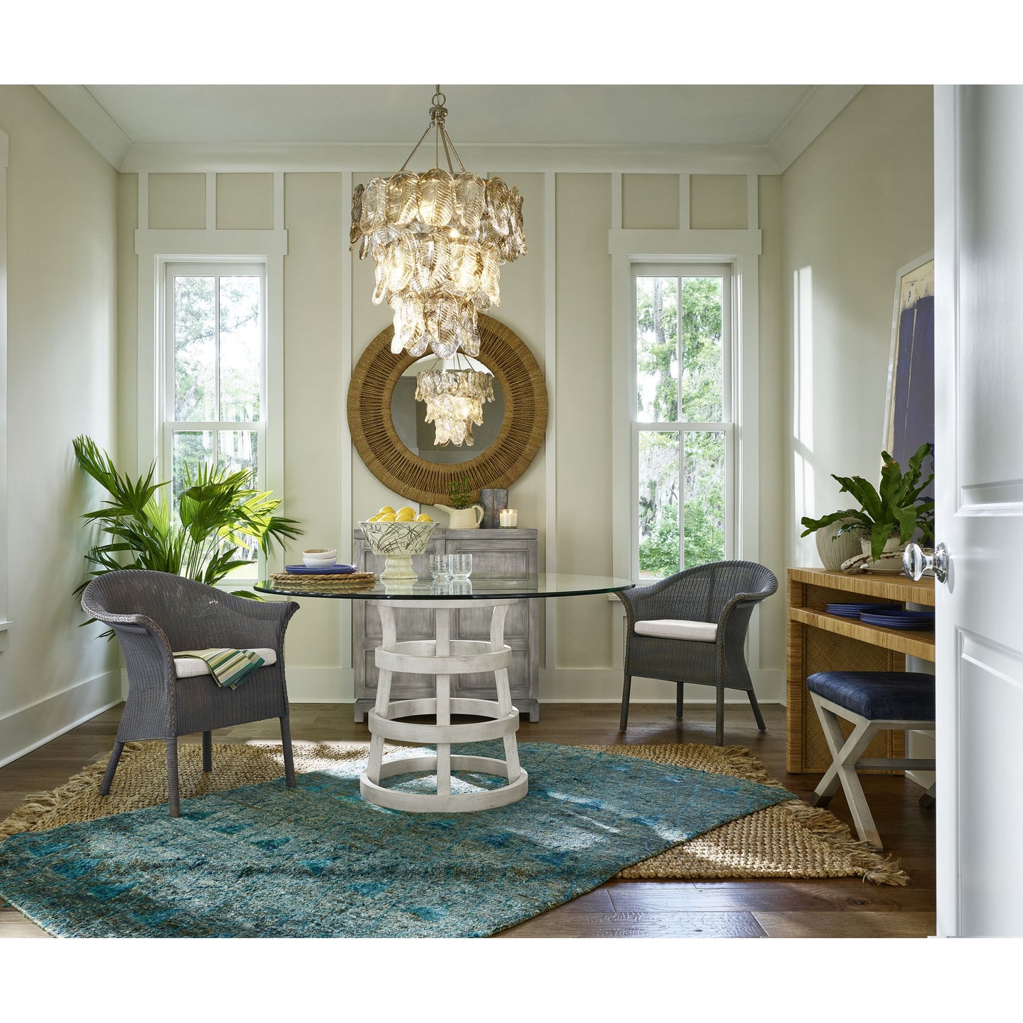 005 SR-813129 | Lifestyle | Coastal Living Round Glass Table 54" by Coastal Living by Universal Furniture in na and sandbar. Made from unique in a coastal style.