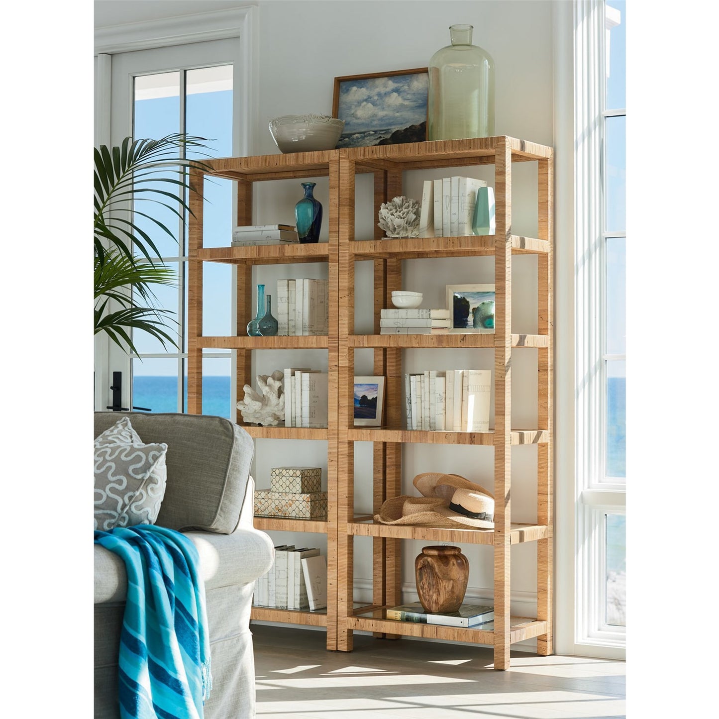 005 SR-813113 | Lifestyle | Coastal Living Long Key Etagere by Coastal Living by Universal Furniture in na and wrapped split rattan. Made from unique in a coastal style.