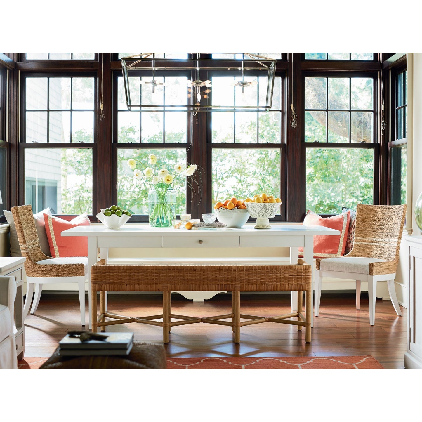 007 SR-813124 | Lifestyle | Coastal Living Pull Up Bench by Coastal Living by Universal Furniture in wicker, dover natural. Made from 96% polyester, 2% nylon, 2% cotton in a coastal style.