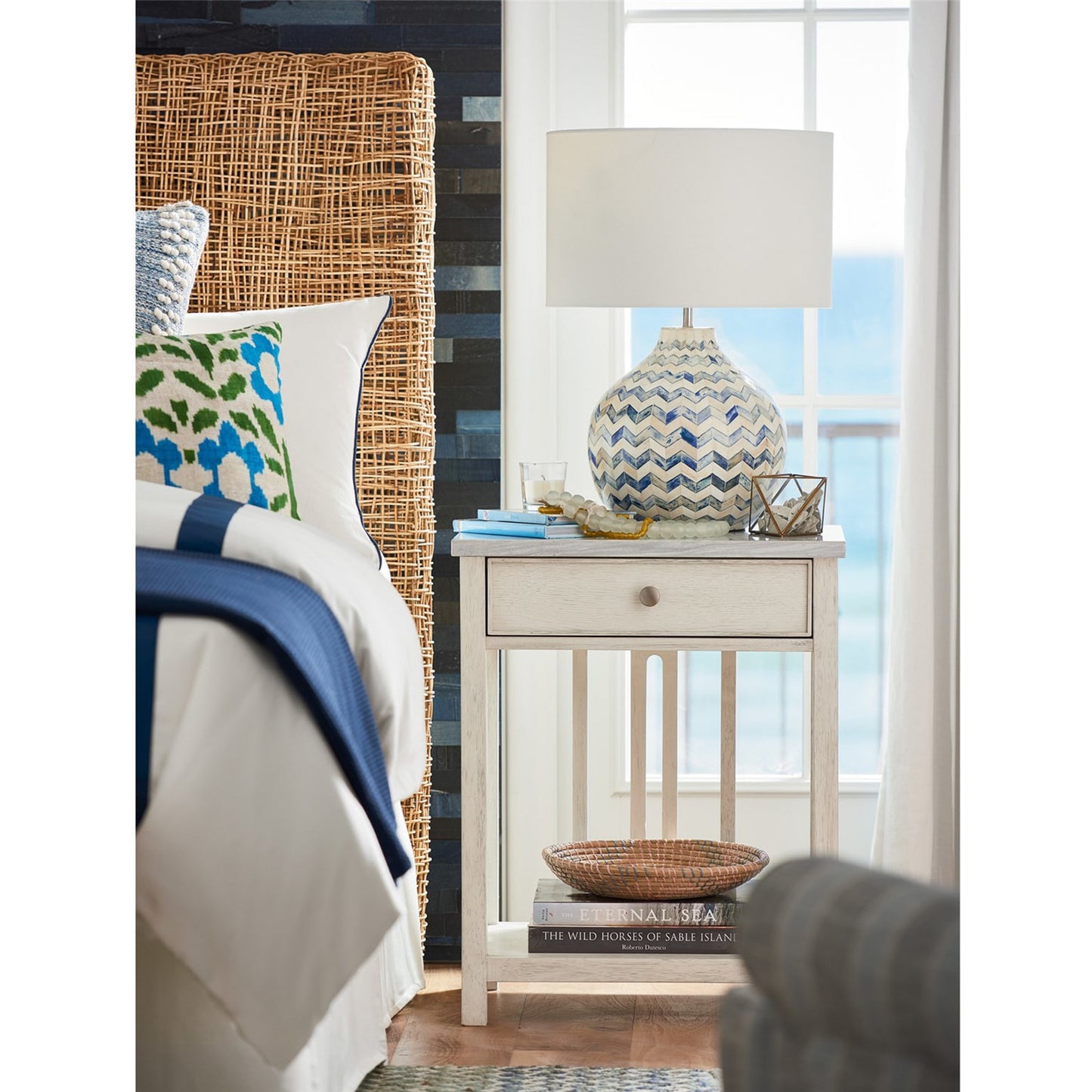 006 SR-813066 | Lifestyle | Coastal Living Bedside Table with Stone Top by Coastal Living by Universal Furniture in sandbar and brushed pewter. Made from unique in a transitional style.