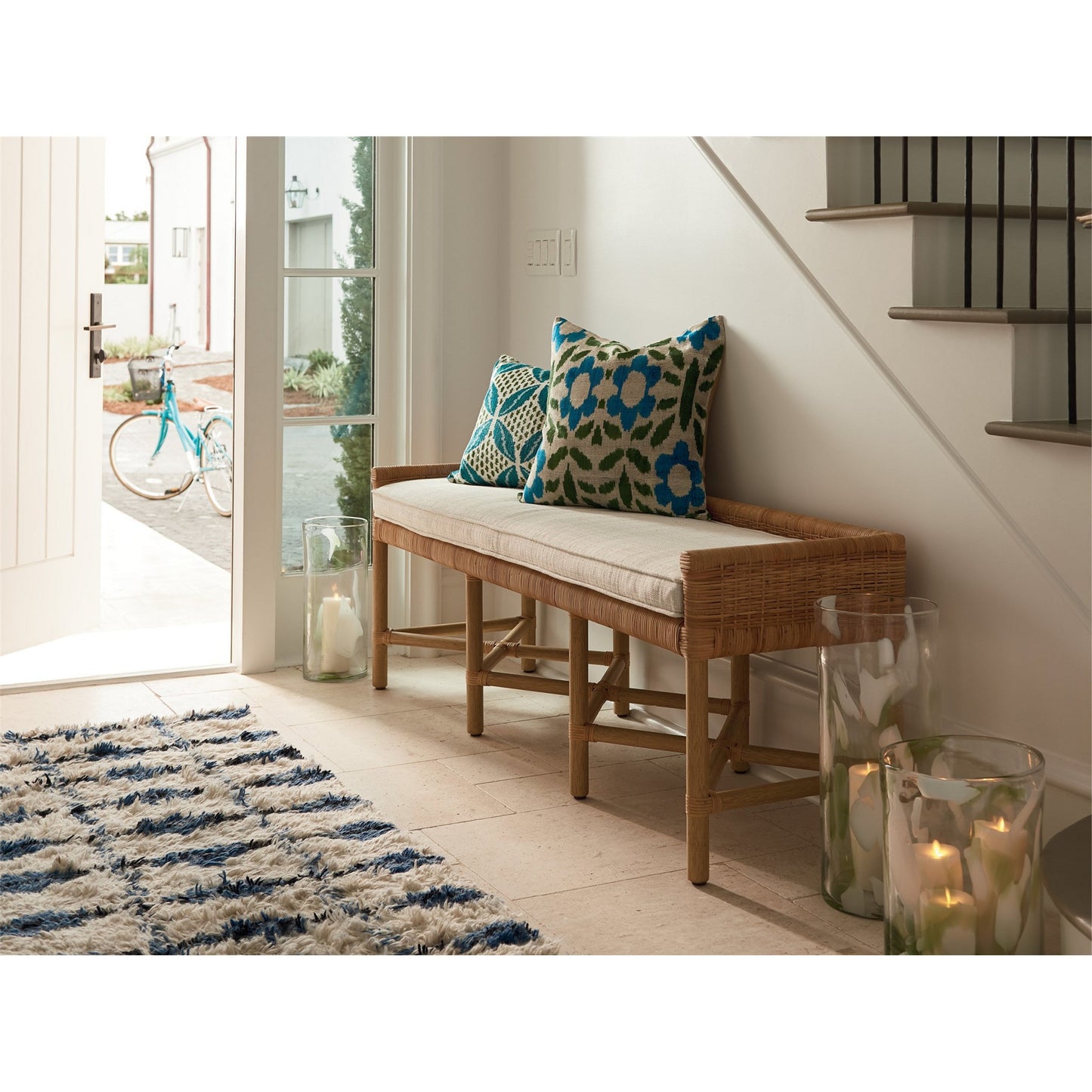 004 SR-813124 | Lifestyle | Coastal Living Pull Up Bench by Coastal Living by Universal Furniture in wicker, dover natural. Made from 96% polyester, 2% nylon, 2% cotton in a coastal style.
