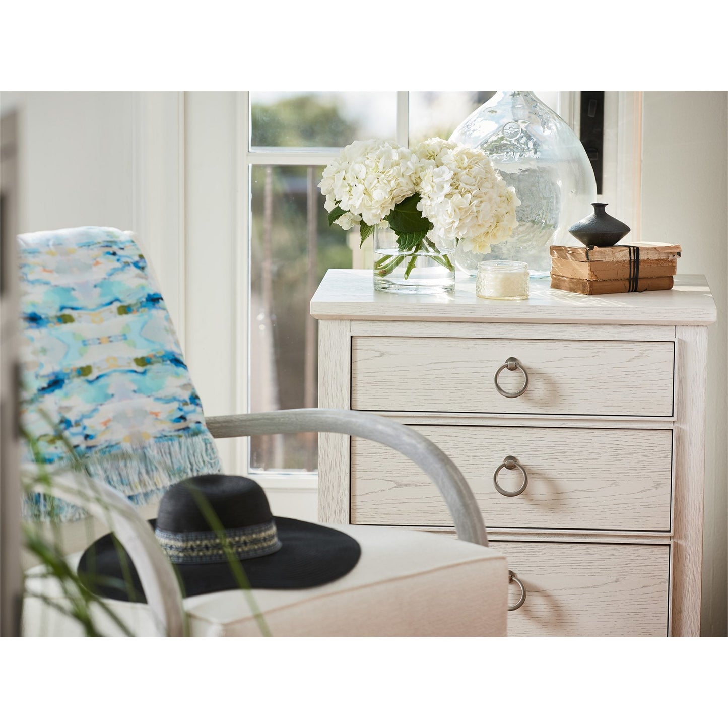 007 SR-813120 | Lifestyle | Coastal Living Nightstand by Coastal Living by Universal Furniture in brushed pewter and sandbar. Made from unique in a transitional style.