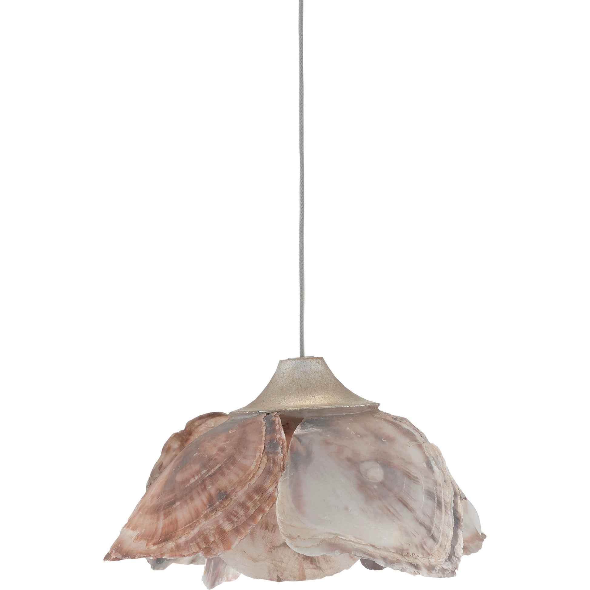 Catrice Pendant by Currey and Company in painted silver, contemporary silver leaf, natural shell. Made from capiz shell, wrought iron in a coastal style.
