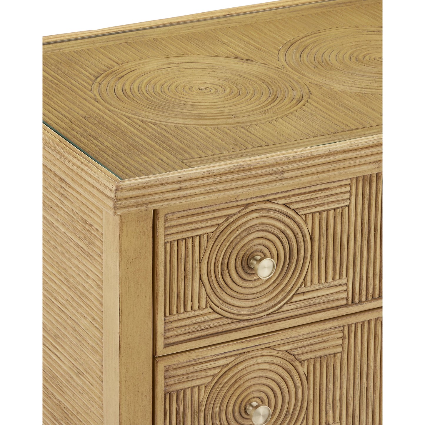 010 SI-2191833 | Closeup | Santos 3-Drawer Chest by Currey and Company. Made from rattan, mahogany, glass, brass in a modern style.