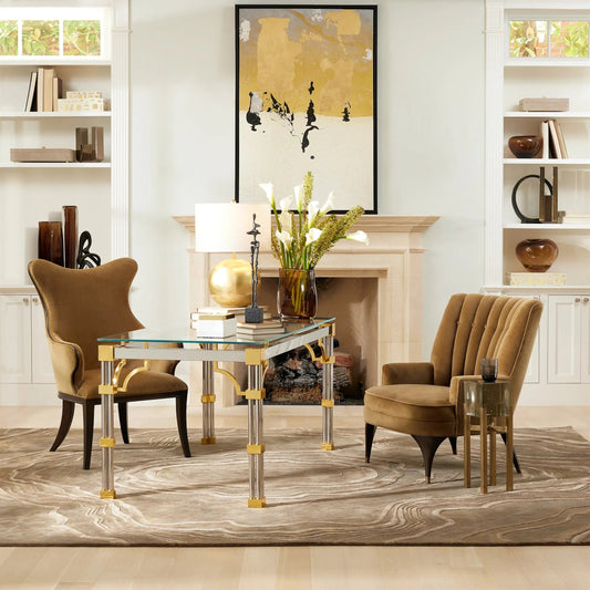 Tri-Column Library Table by Global Views in gold, silver, clear and shiny brass. Made from unique in a unique style.